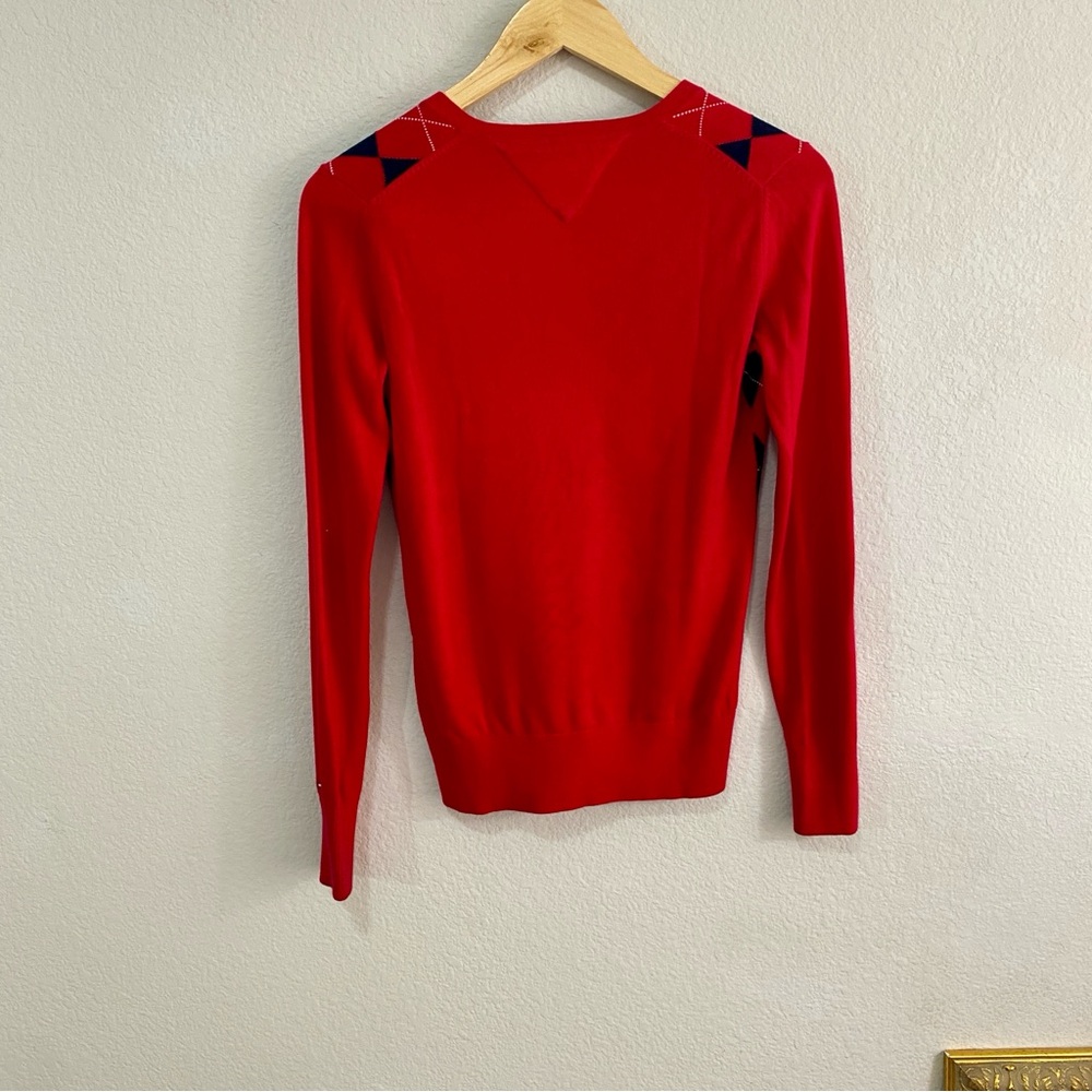Tommy Hilfiger Red Argyle V-Neck Sweater 100% Pima Cotton XS Preppy - Picture 6 of 8